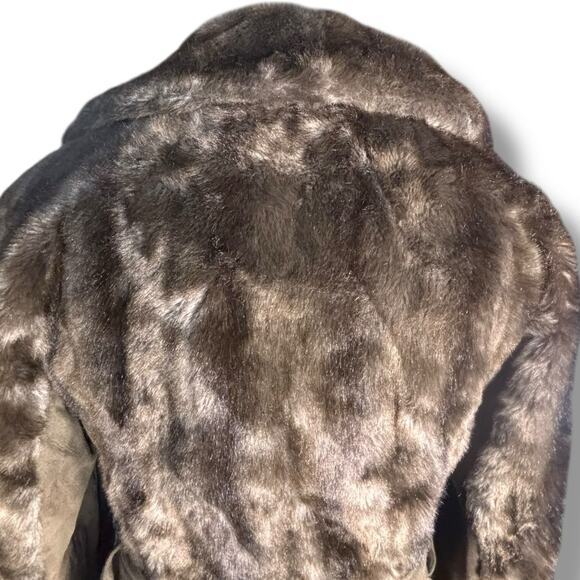 Vintage 70s Tocci England Faux Fur Suede Leather Belted Coat Burgundy Lined - Picture 9 of 16